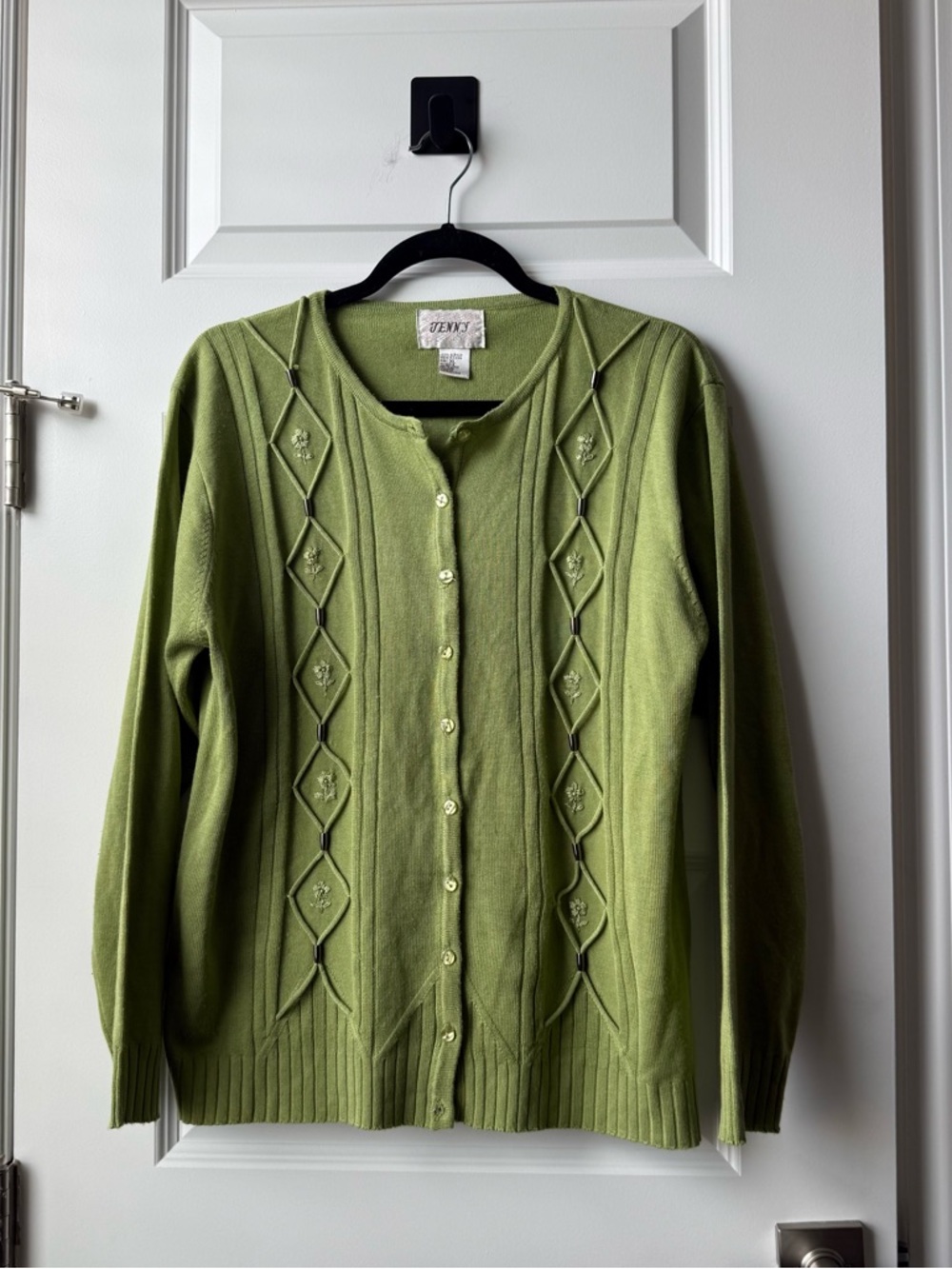 Jenny Light Olive Button-Front Diamond Knit Cardigan